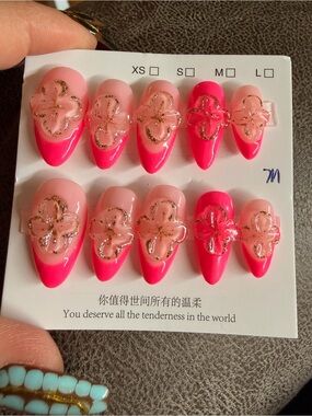 Hand-Painted Pink & Silver Floral Press-On Nail Set. Each $20